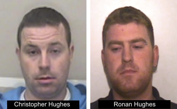 This undated photo issued on Tuesday Oct. 29, 2019 by Essex Police shows Ronan Hughes, right, and his brother Christopher Hughes from Northern Ireland, as the investigation widens into the deaths of 39 people who were found in truck container in southeastern England. Both are wanted on suspicion of manslaughter and human trafficking. (Essex Police via AP)