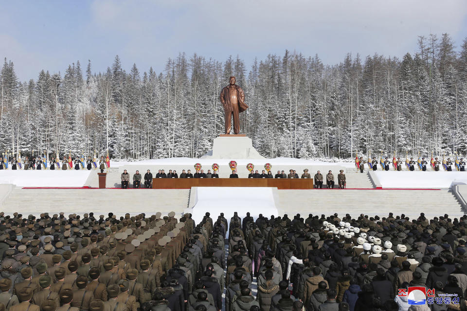 In this photo provided by the North Korean government, a meeting is held to celebrate the 80th birth anniversary of North Korea's late leader Kim Jong Il in Samjiyon City, North Korea Tuesday, Feb. 15, 2022. Independent journalists were not given access to cover the event depicted in this image distributed by the North Korean government. The content of this image is as provided and cannot be independently verified. Korean language watermark on image as provided by source reads: "KCNA" which is the abbreviation for Korean Central News Agency. (Korean Central News Agency/Korea News Service via AP)