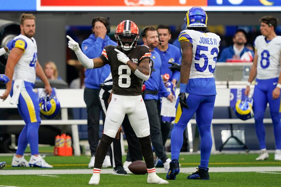 Cleveland Browns wide receiver Elijah Moore (8) celebrates after catching a pass during the first half of an NFL football game against the Los Angeles Rams, Sunday, Dec. 3, 2023, in Inglewood, Calif. (AP Photo/Ryan Sun)