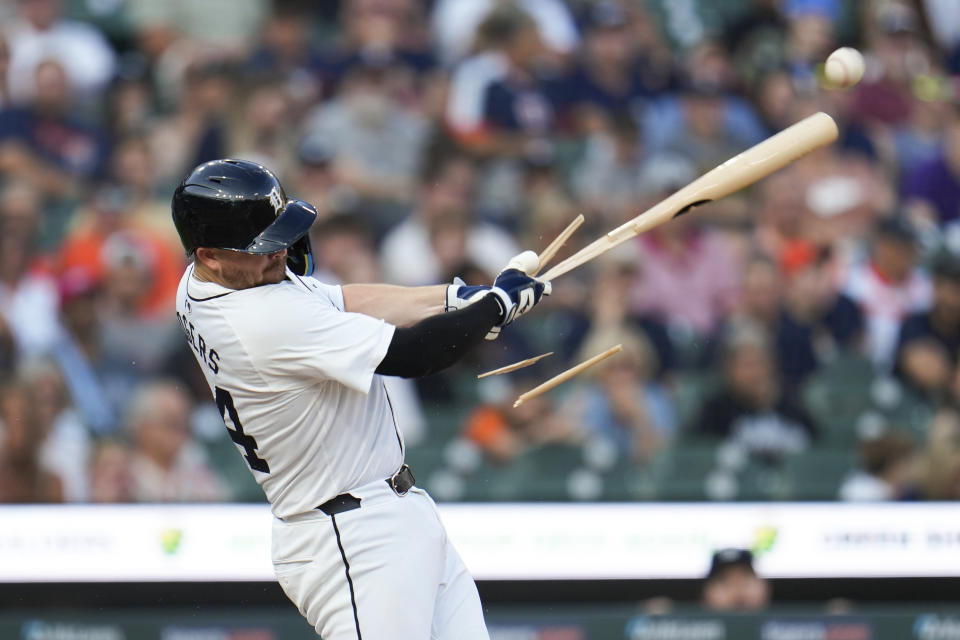 Detroit Tigers' Jake Rogers shatters his bat on a fly ball against the Cleveland Guardians in the fifth inning of a baseball game, Monday, July 8, 2024, in Detroit. (AP Photo/Paul Sancya)