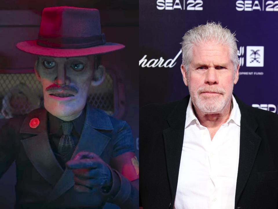 left: a stop motion animated man, the podesta in pinocchio, wearing a brown fedora, grey jacket, and red armband on his left bicep signifying his allegiance to fascist italy; right: ron perlman, a man with silver hair and beard standing in front of a navy wall with a neutral expression on his face wearing a black suit jacket and white shirt