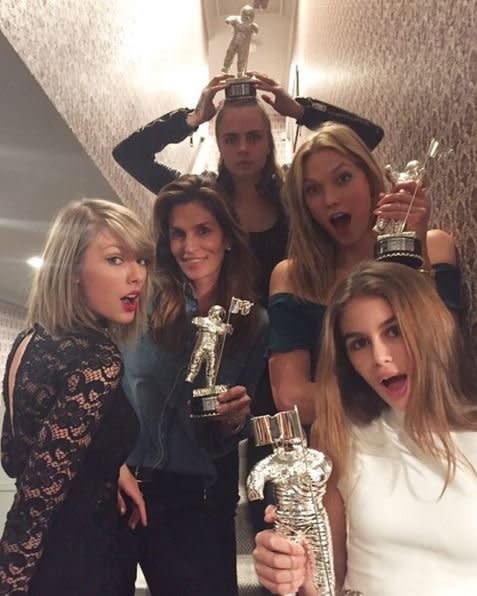 After their <a href="http://www.huffingtonpost.com/entry/taylor-swift-vmas-video-of-the-year_us_55df85b6e4b0b7a96338773c" target="_blank">"Bad Blood" music video won Video of the Year</a> at the MTV Video Music Awards, each&nbsp;squad member that starred in the video&nbsp;received her own Moonman.&nbsp;