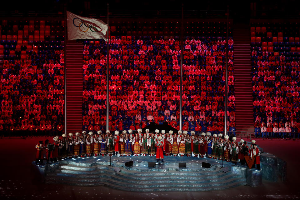 SOCHI, RUSSIA - FEBRUARY 23:  Pre-show performance by the Kuban Cossack Choir during the 2014 Sochi Winter Olympics Closing Ceremony at Fisht Olympic Stadium on February 23, 2014 in Sochi, Russia.  (Photo by Matthew Stockman/Getty Images)