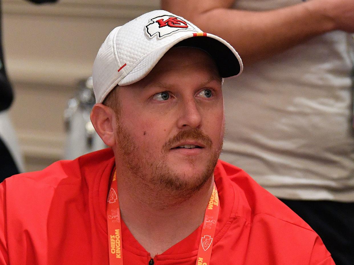 Britt Reid speaks to the media on Jan. 29, 2020, shortly before Super bowl LIV, when he was still the Kansas City Chiefs linebackers coach. The car crash occurred about a year later, days before the next Super Bowl.