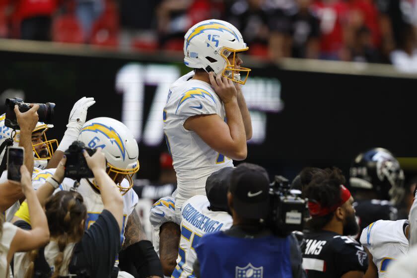 Los Angeles Chargers place kicker Cameron Dicker (15) celebrates after kicking a 37-yard field goal.