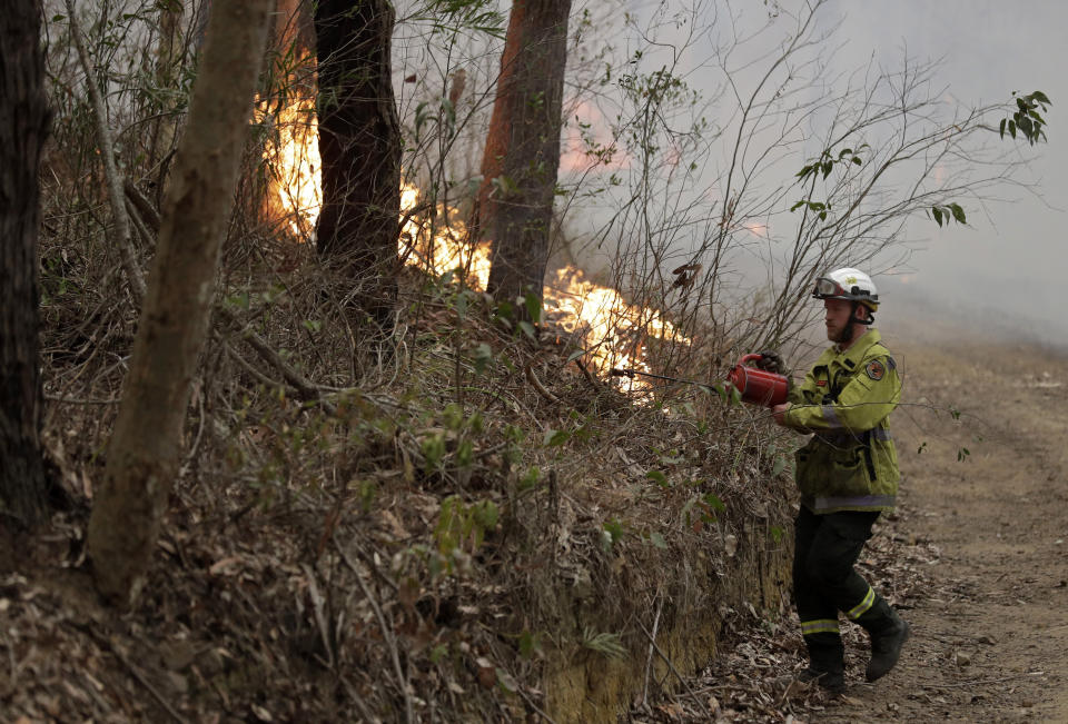 A firefighter lights a small fire to to help control a larger fire burning near Burrill Lake, Australia, Sunday, Jan. 5, 2020. Milder temperatures Sunday brought hope of a respite from wildfires that have ravaged three Australian states, destroying almost 2,000 homes. (AP Photo/Rick Rycroft)