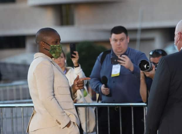 Green Party Leader Annamie Paul wears a mask as she arrives for the French-language leaders debate during the Canadian federal election campaign in Gatineau, Que., earlier this month. (Fred Chartrand/The Canadian Press - image credit)