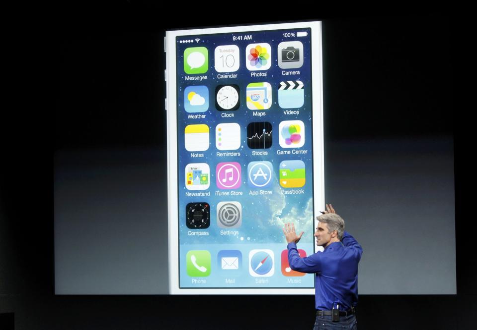 Craig Federighi, Senior VP of Software Engineering at Apple Inc speaks during Apple Inc's media event in Cupertino, California September 10, 2013. (REUTERS/Stephen Lam)