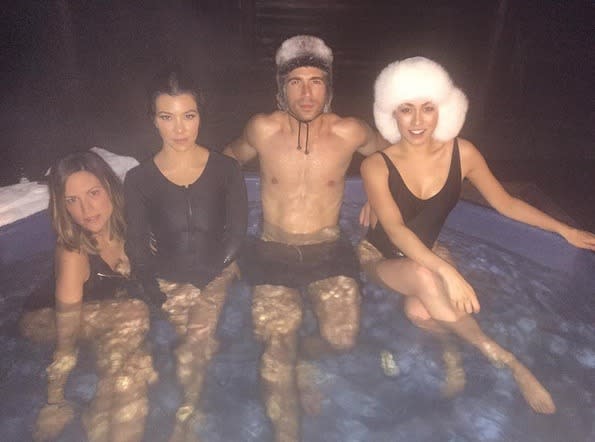 “Late last night,” Kourtney captioned a pic of the group taking a dip in the hot tub. 