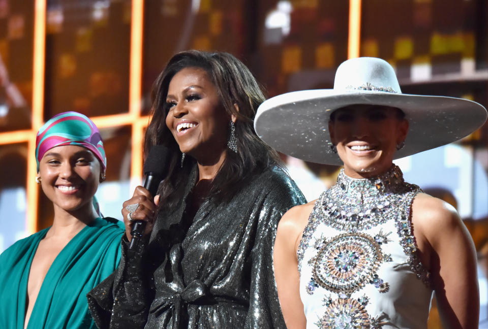 Michelle Obama appeared at the 2019 Grammys alongside Alicia Keys and Jennifer Lopez. (Photo: Lester Cohen/Getty Images for the Recording Academy)