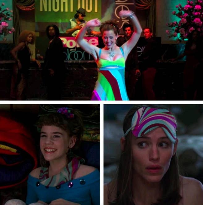 The same material on Jenna's dress, Jenna's blindfold, and Jenna's eyemask