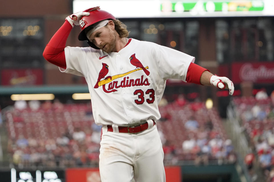 St. Louis Cardinals' Brendan Donovan reacts after grounding out during the third inning of a baseball game against the Baltimore Orioles Tuesday, May 10, 2022, in St. Louis. (AP Photo/Jeff Roberson)