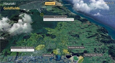 Figure 1: Overview of the Glamorgan Project in relation to OceanaGold’s Wharekirauponga Project. (CNW Group/Rua Gold Inc.)