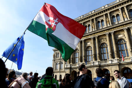 FILE PHOTO: People protest outside the Hungarian Academy of Sciences against government's plans to overhaul the institution in Budapest, Hungary, March 21, 2019. REUTERS/Tamas Kaszas/File Photo