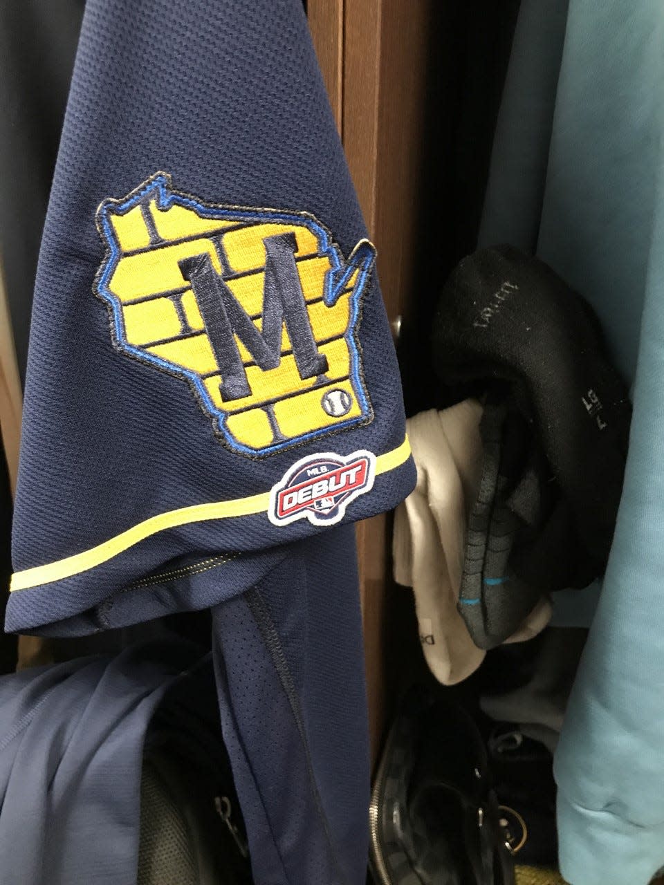 Gus Varland's jersey shows off the new Major League Baseball patch for a player making his big-league debut March 30, 2023 at Wrigley Field. The patch stays intact until a player appears in his first big-league game.