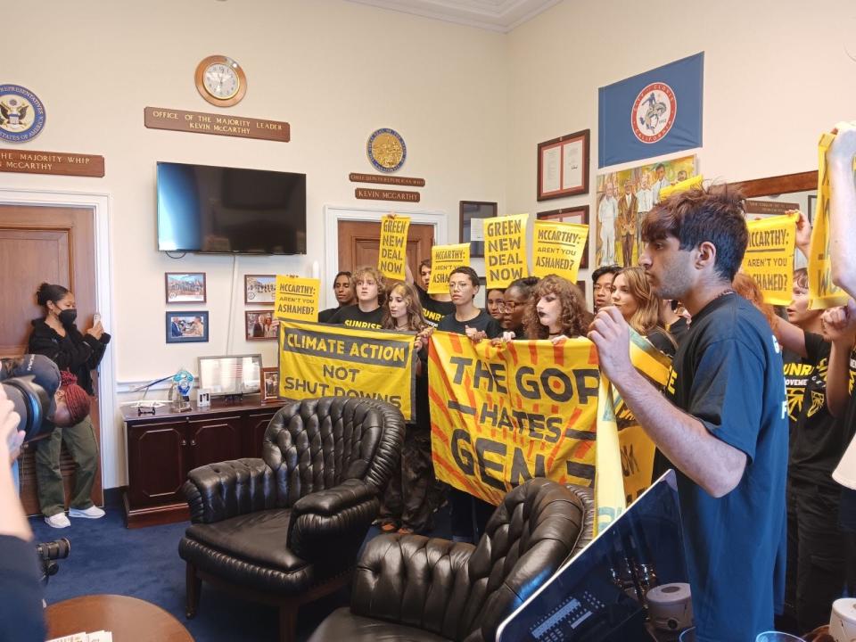 Over two dozen young people affiliated with the Sunrise Movement, a youth climate justice group, occupied House Speaker Kevin McCarthy's office Thursday.