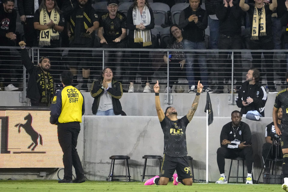 Los Angeles FC forward Denis Bouanga celebrates his goal during the first half of a Major League Soccer match against Sporting Kansas City Wednesday, May 17, 2023, in Los Angeles. (AP Photo/Mark J. Terrill)