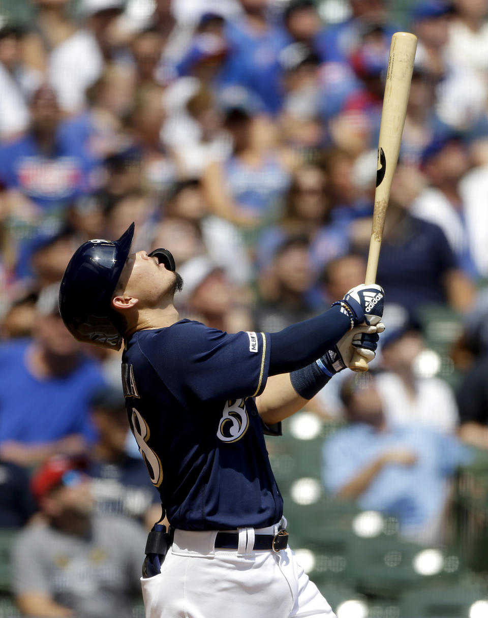 Milwaukee Brewers' Keston Hiura watches as he pops out during the second inning of a baseball game against the Chicago Cubs, Sunday, July 28, 2019, in Milwaukee. (AP Photo/Aaron Gash)