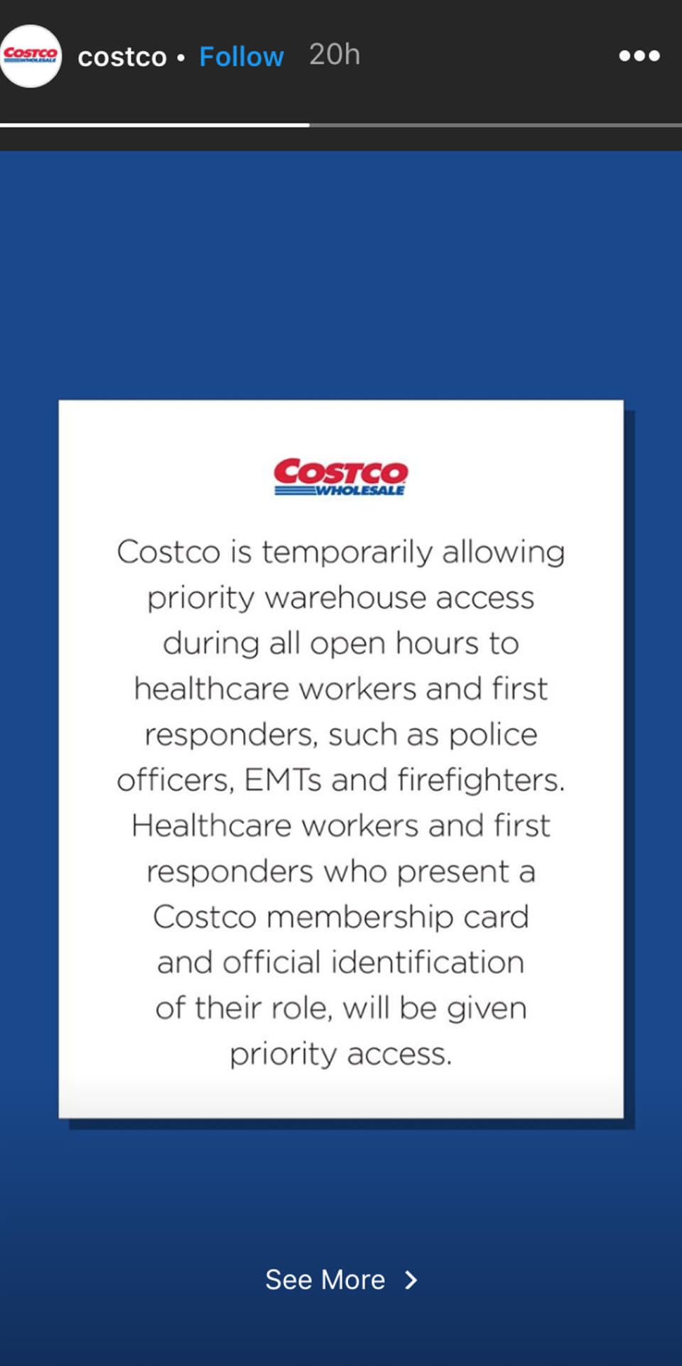 Costco is giving priority store access to health care workers and first responders amid the COVID-19 pandemic.  (Costco/ Instagram)
