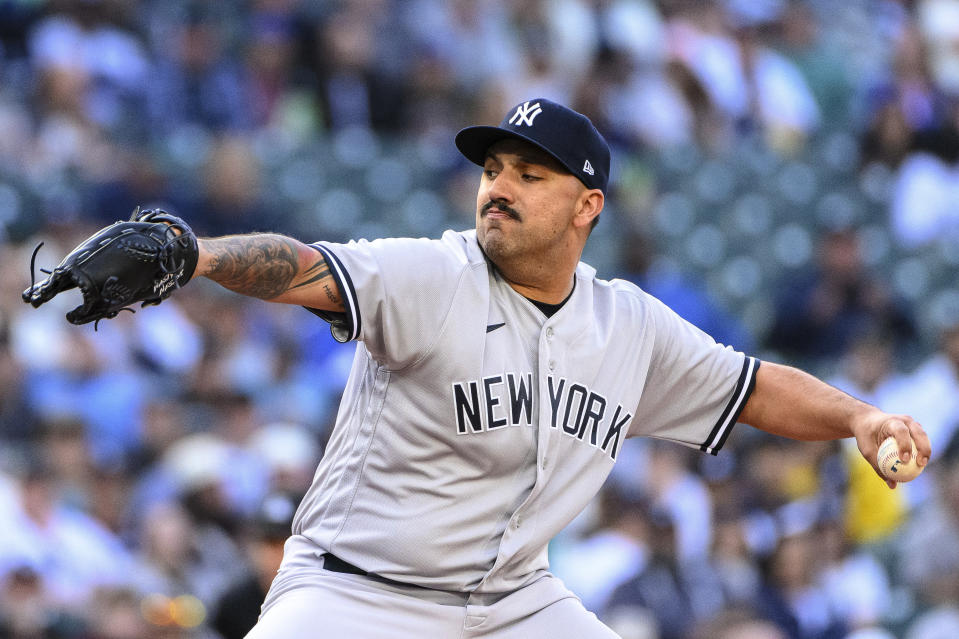 New York Yankees starting pitcher Nestor Cortes throws to a Seattle Mariners batter during the first inning of a baseball game Tuesday, May 30, 2023, in Seattle. (AP Photo/Caean Couto)