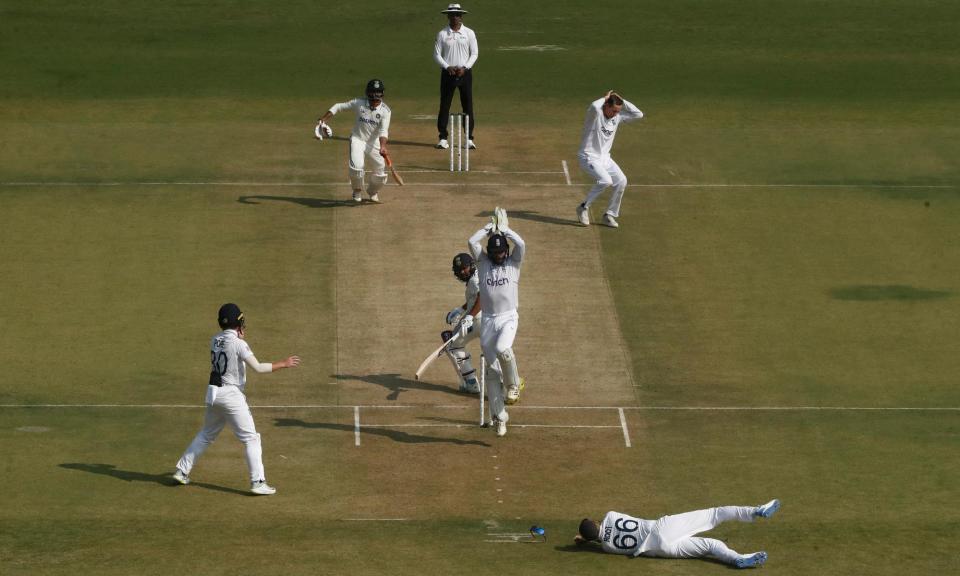 <span>Joe Root unsuccessfully attempts to take a catch and dismiss India's Rohit Sharma.</span><span>Photograph: Francis Mascarenhas/Reuters</span>