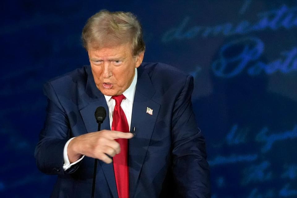 Republican presidential nominee former President Donald Trump speaks during a presidential debate with Democratic presidential nominee Vice President Kamala Harris at the National Constitution Center, Tuesday, Sept.10, 2024, in Philadelphia. 