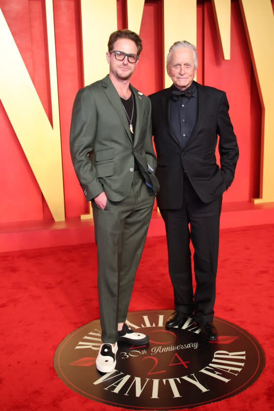 BEVERLY HILLS, CALIFORNIA - MARCH 10: Cameron Douglas and Michael Douglas attend 2024 Vanity Fair Oscar Party Hosted By Radhika Jonesat Wallis Annenberg Center for the Performing Arts on March 10, 2024 in Beverly Hills, California. (Photo by Daniele Venturelli/Getty Images)<p>Daniele Venturelli/Getty Images</p>