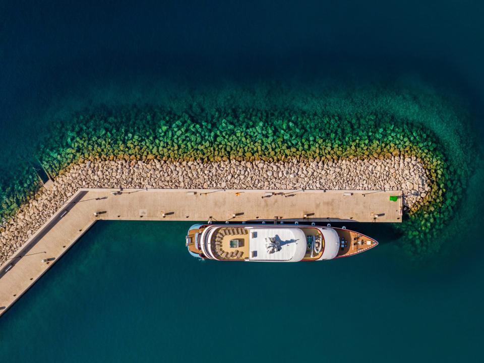 The yacht docked, view from above.