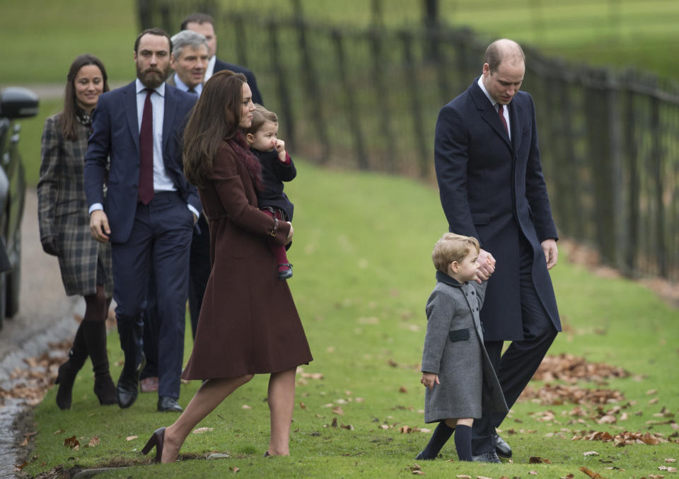 rince William, Duke of Cambridge, Catherine, Duchess of Cambridge, Prince George of Cambridge, Princess Charlotte of Cambridge, Pippa Middleton and James Middleton attend Church on Christmas Day on December 25, 2016 in Bucklebury, Berkshire