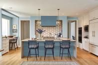 <p>Behr Paint's 2019 Color of the Year is <a rel="nofollow noopener" href="https://www.behr.com/consumer/inspiration/2019-color-trends/" target="_blank" data-ylk="slk:Blueprint;elm:context_link;itc:0;sec:content-canvas" class="link ">Blueprint</a>, and the mid-tone blue goes with just about everything-exactly like your favorite pair of jeans. It's an ideal shade to consider if you're working around existing elements like wood floors, detailed tile, or a patterned backsplash.<br><br></p>