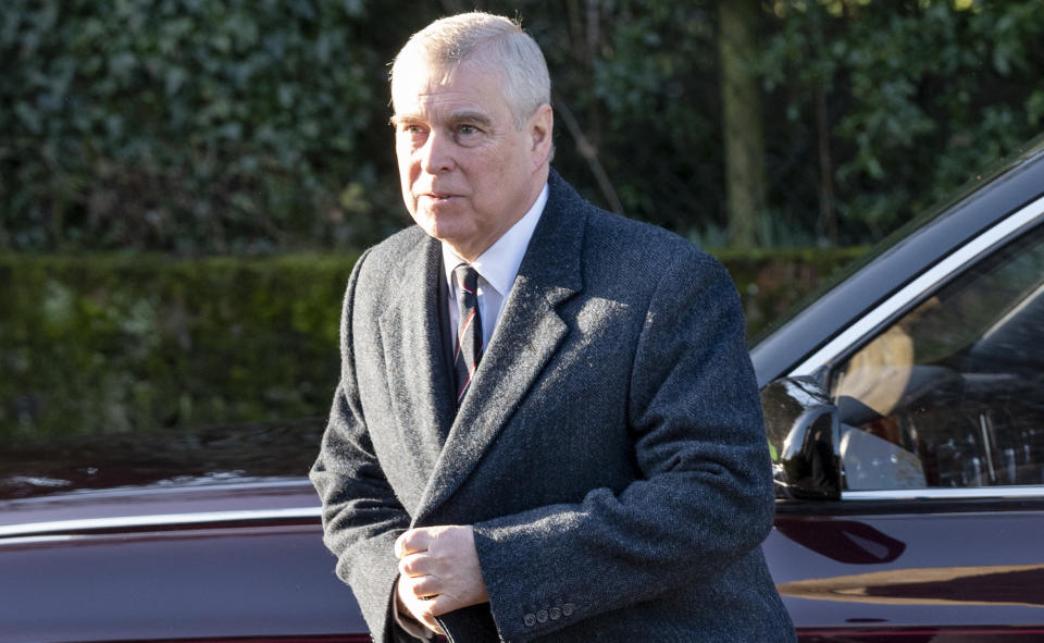 Prince Andrew, Duke of York attends church at St Mary the Virgin at Hillington in Sandringham on January 19, 2020 in King's Lynn, England.