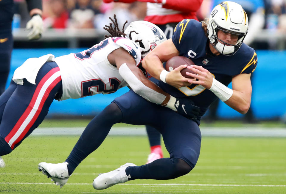 Justin Herbert is now 0-2 against the Patriots. (Joe Scarnici/Getty Images)