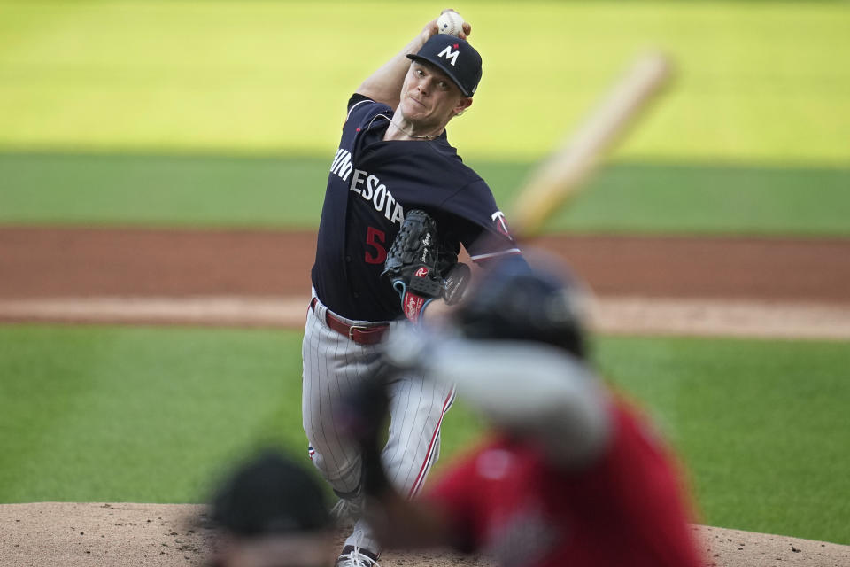 Minnesota Twins' Sonny Gray pitches in the first inning of a baseball game against the Cleveland Guardians, Tuesday, Sept. 5, 2023, in Cleveland. (AP Photo/Sue Ogrocki)