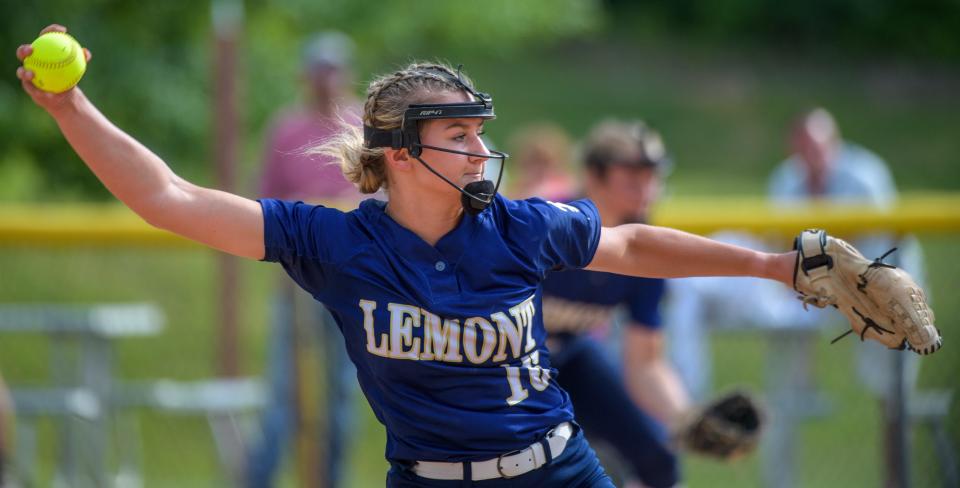 Lemont pitcher Sage Mardjetko throws against Metamora during their Class 3A state softball supersectional Monday, June 6, 2022 at EastSide Centre in East Peoria. Mardjetko throw a perfect game for Lemont, eliminating the Redbirds 1-0 for a berth in the state finals.