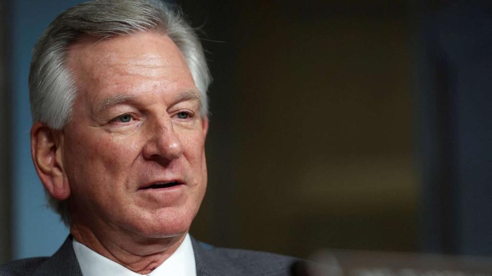 PHOTO: Senator Tommy Tuberville questions General Charles Brown Jr. during a Senate Armed Services Committee hearing on Capitol Hill in Washington, July 11, 2023. (Kevin Wurm/Reuters, FILE)