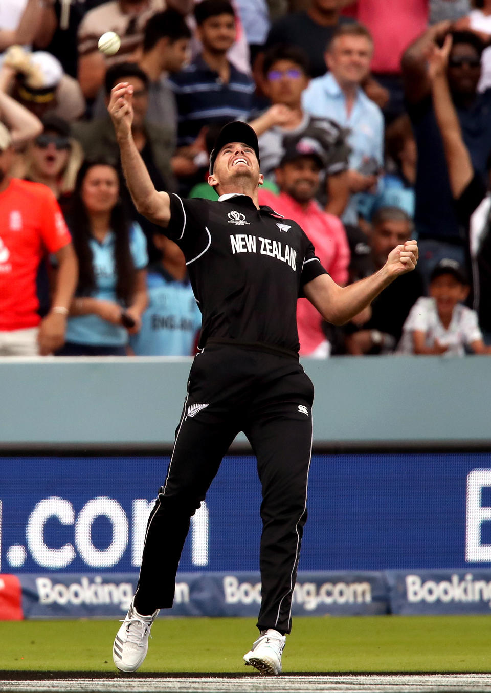 New Zealand's Tim Southee celebrates taking the wicket of Jos Buttler (not pictured) during the ICC World Cup Final at Lord's, London.