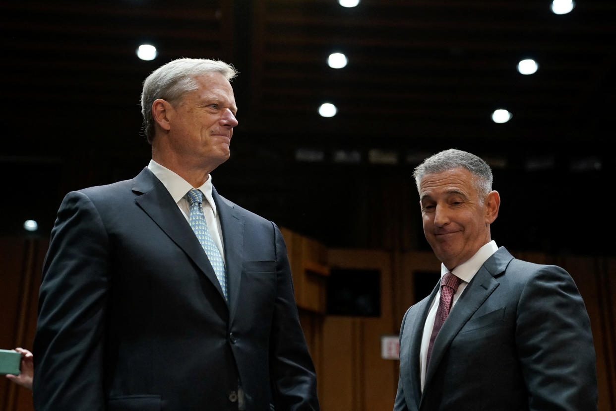NCAA president Charlie Baker (left) unveiled a proposal to school administrators Tuesday that could drastically change college athletics. (REUTERS/Elizabeth Frantz)