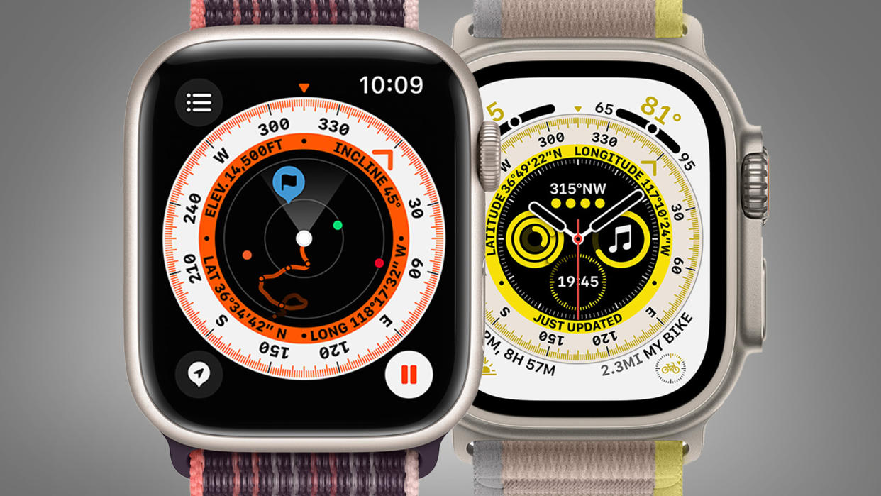  The Apple Watch Series 8 next to the Apple Watch Ultra on a grey background 