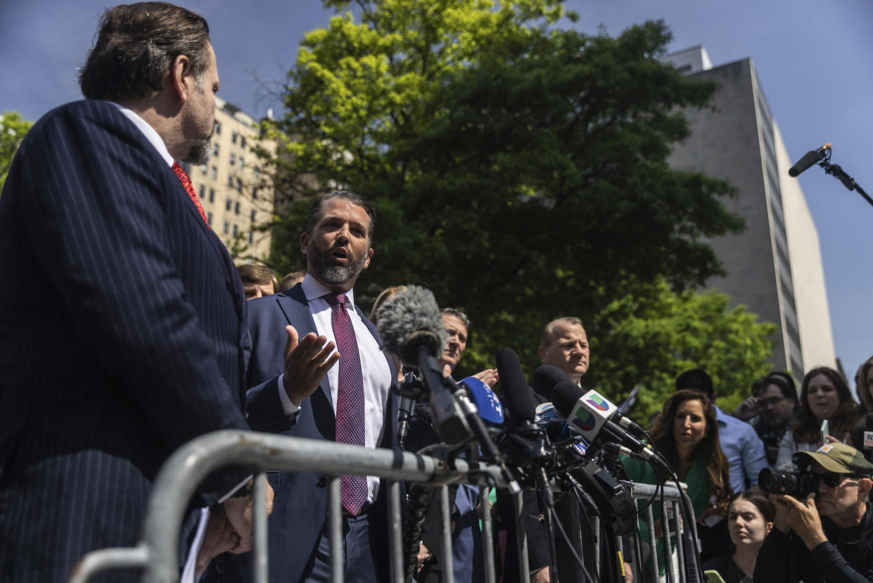 Donald Trump Jr., son of former President Donald Trump,  speaks to reporters outside the courthouse where his father’s criminal trial was ongoing in New York, on Tuesday, May 21, 2024.  (Dave Sanders/The New York Times)