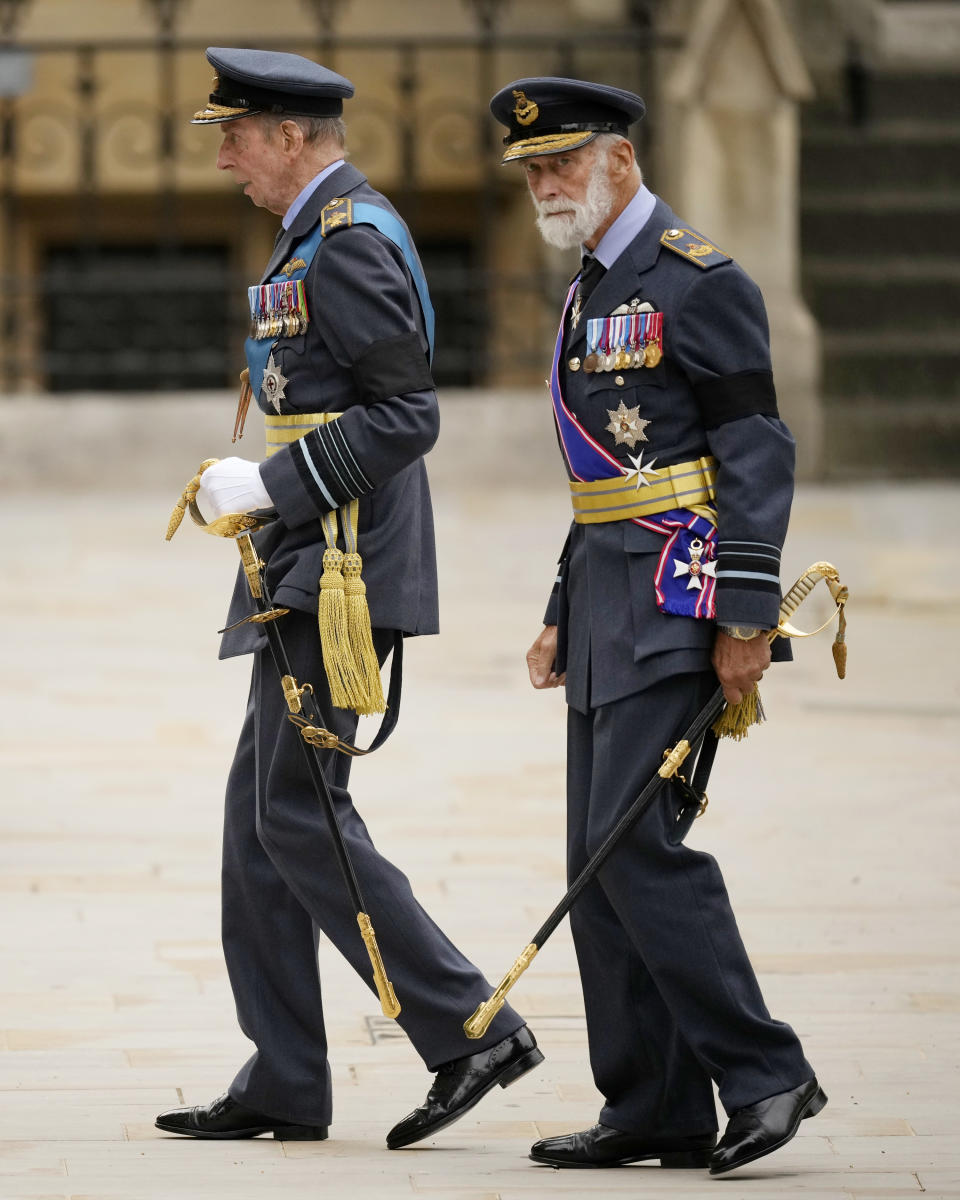 Edward and Michael arrive at Westminster Abbey in military dress ahead of the Queen's funeral