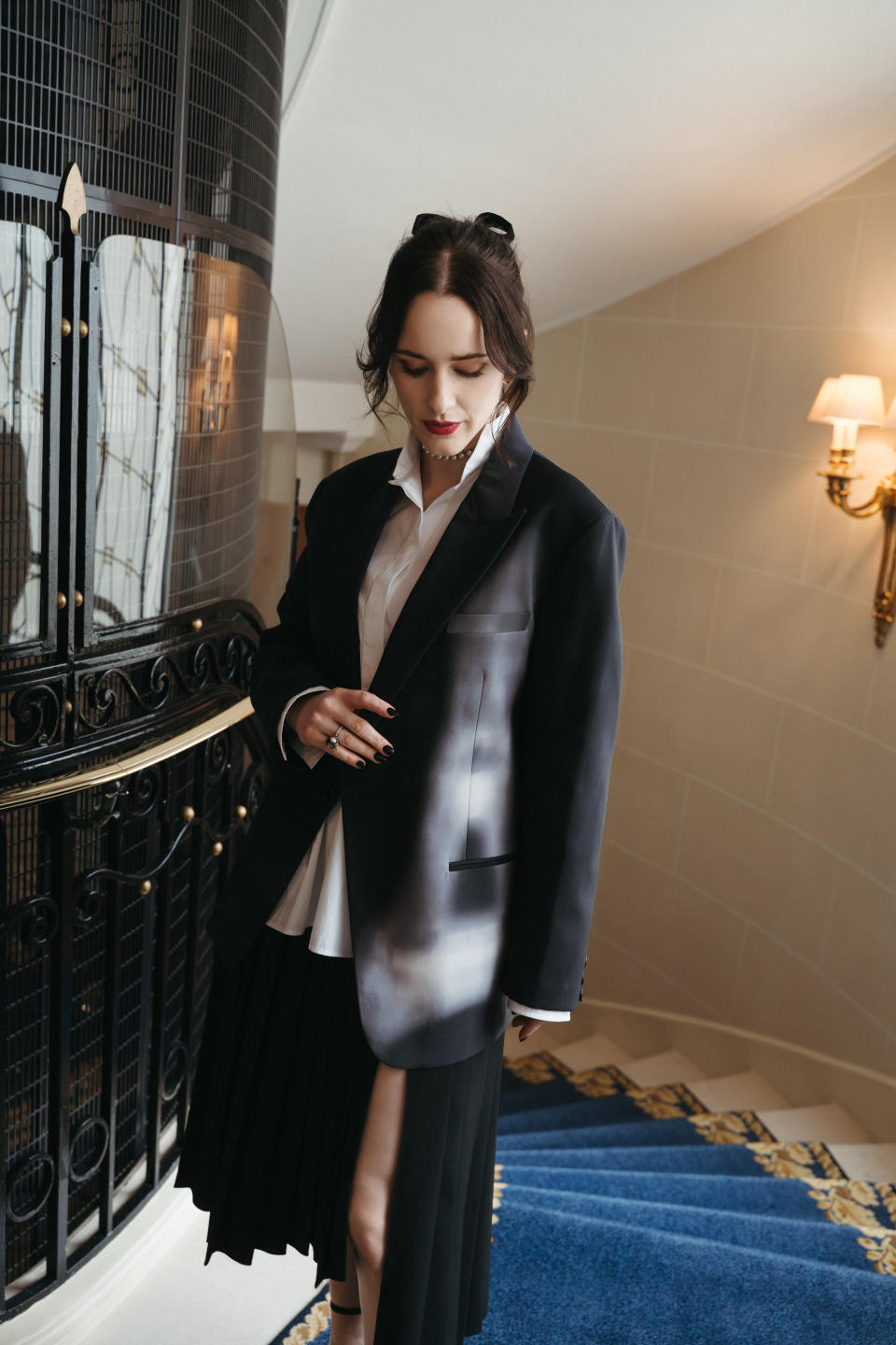 Rachel Brosnahan getting ready for Dior