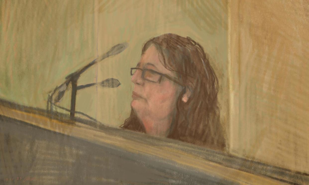 <span>A sketch of Erin Patterson appearing in Latrobe Valley magistrates court.</span><span>Photograph: Anita Lester/AAP</span>