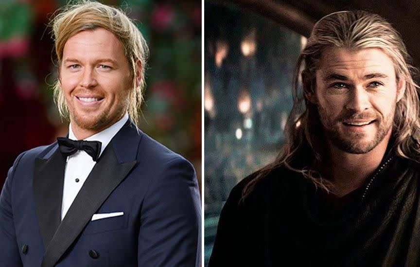 Bachelorette contestant Sam (L) and Chris Hemsworth as Thor (R). Source: Channel Ten and Paramount