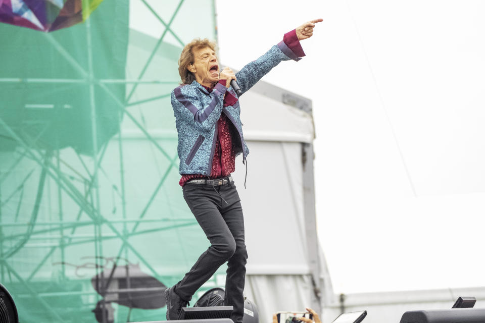 Mick Jagger, of the Rolling Stones, performs during the New Orleans Jazz & Heritage Festival on Thursday, May 2nd, 2024, at the Fair Grounds Race Course in New Orleans. (Photo by Amy Harris/Invision/AP)