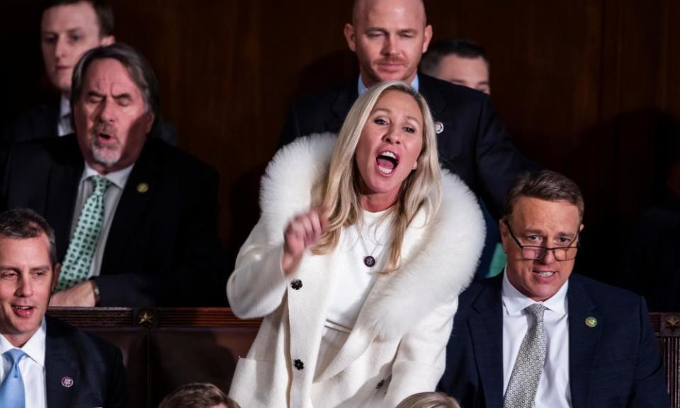 Marjorie Taylor Greene shouts ‘liar’ at Joe Biden.