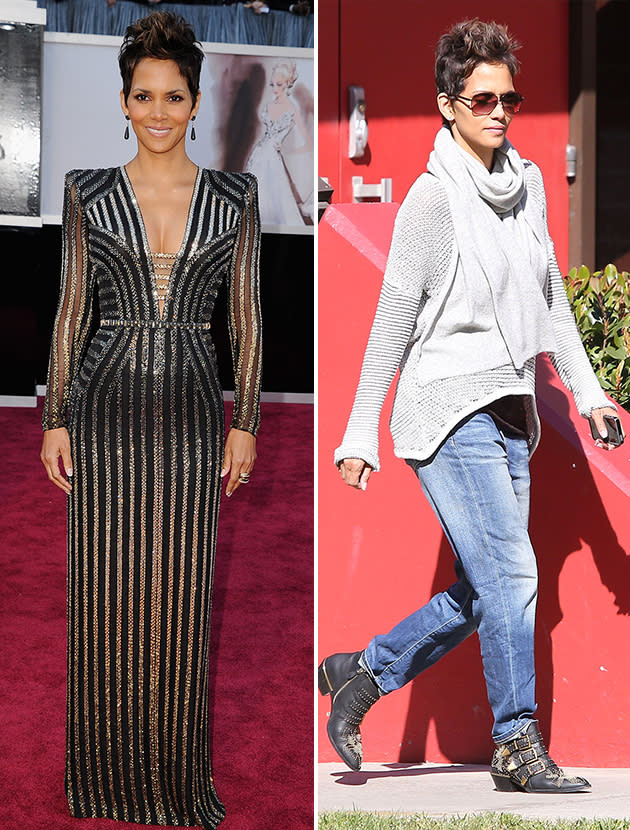 <b>Halle Berry</b> was named <a href="http://movies.yahoo.com/photos/2013-oscars-red-carpet-report-card-slideshow/" data-ylk="slk:one of the best dressed;elm:context_link;itc:0;sec:content-canvas;outcm:mb_qualified_link;_E:mb_qualified_link;ct:story;" class="link  yahoo-link">one of the best dressed</a> at the Oscars. For the big night, she looked statuesque in a plunging Versace gown. <br>On Monday, Berry paired baggy jeans with a baggy sweater and booties when she went out to pick up her daughter from a gym class in Los Angeles.