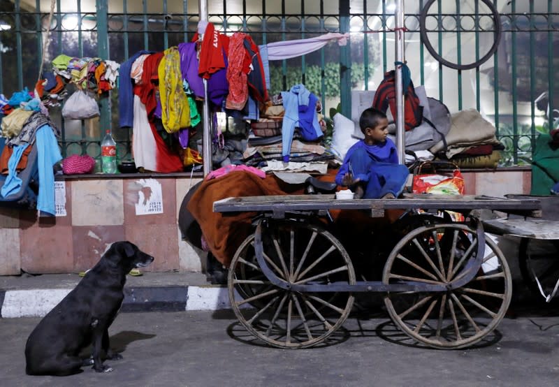 Grandson of Mohammad Islam, who lives under a flyover, sits on his fathers cart on a smoggy evening in New Delhi