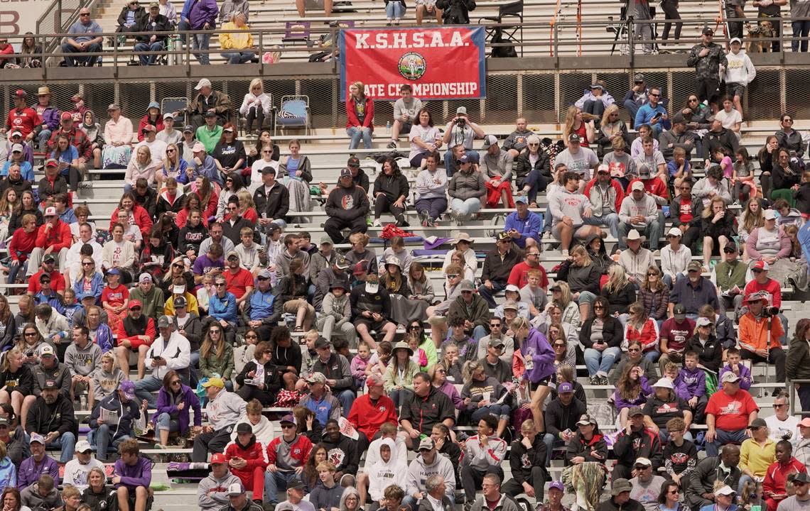 A large crowd gathered in the stands at Cessna Stadium to watch the third and final day of the Kansas high school state track and field meet. (May 28, 2021)