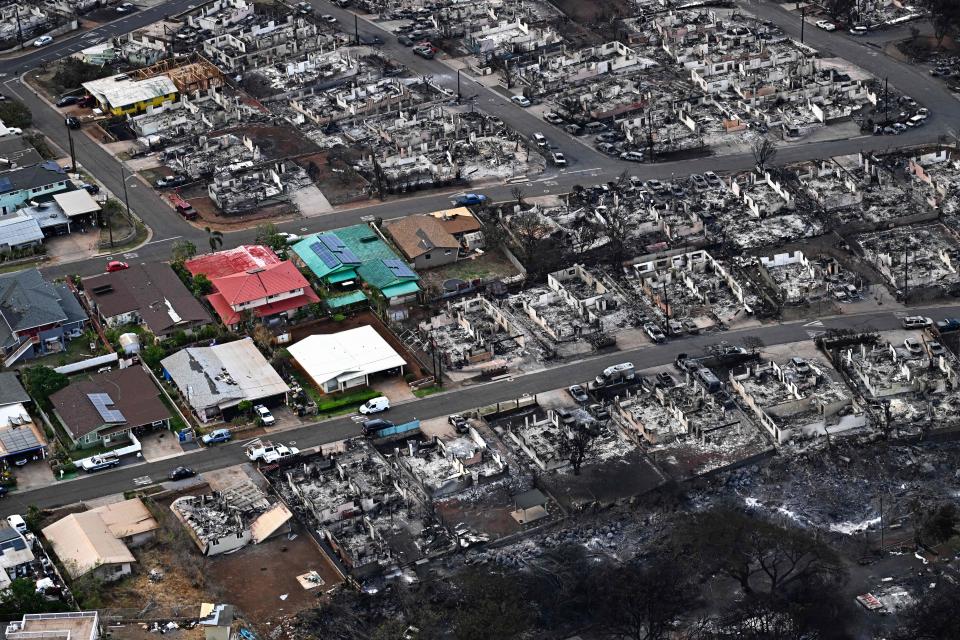 An aerial image taken on August 10, 2023 shows destroyed homes and buildings burned to the ground in Lahaina in the aftermath of wildfires in western Maui, Hawaii.