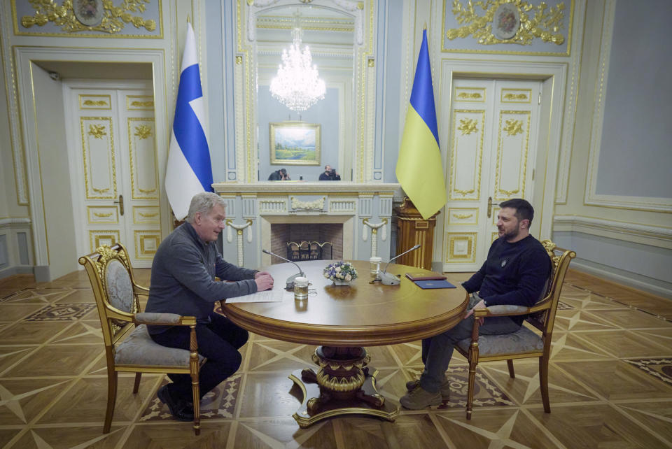 In this photo provided by the Ukrainian Presidential Press Office, Ukrainian President Volodymyr Zelenskyy, right, and Finnish President Sauli Niinisto talk during their meeting in Kyiv, Ukraine, Tuesday, Jan. 24, 2023. (Ukrainian Presidential Press Office via AP)